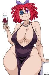 bare_shoulders black_dress breasts closed_mouth collarbone dress drunk evening_dress ghostec glitch_productions gooseworx hair_ribbon huge_breasts large_ass loincloth low_cut_dress low_cut_top necklace pearl_necklace ragatha ragatha_(tadc) red_hair ribbon shorts signature simple_background smiling stable_diffusion tadc the_amazing_digital_circus thighs triangle_nose white_background wide_hips wine wine_glass