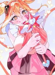 1girls blonde_hair blood blood_on_face blush breasts don_quixote_(limbus_company) e.g.o_(project_moon) female female_only heart-shaped_pupils holding_object huge_breasts light-skinned_female light_skin limbus_company looking_at_viewer magic_wand magical_girl open_mouth project_moon ribbon skirt solo symbol-shaped_pupils tied_hair twintails yellow_eyes yongsadragon