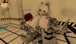 anthro big_female breast_feeding breasts changed_(video_game) colin_(changed) feeling_pleasured female furry human lactation male ravenuwu roblox self_upload shark size_difference small_male tiger_shark tiger_shark_(changed)