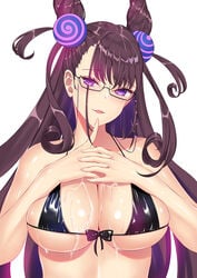 1girls bangs bare_shoulders bikini bikini_top black-framed_eyewear black_bikini black_bikini_top black_bow blush bow breasts brown_hair cleavage commentary_request cum cum_on_body cum_on_breasts cum_on_upper_body eyebrows_visible_through_hair fate/grand_order fate_(series) female finger_to_mouth fingernails glasses hair_ornament hands_on_own_chest head_tilt index_finger_raised large_breasts long_hair looking_at_viewer majin_(kiidoumajin) micro_bikini murasaki_shikibu_(fate) nail_polish own_hands_together pink_nails purple_eyes semi-rimless_eyewear shiny shiny_skin simple_background smile solo swimsuit under-rim_eyewear upper_body very_long_hair white_background