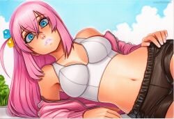 2025 ai_generated artist_name blue_eyes breasts crazyfishbones day female gotoh_hitori_(octopus) long_hair looking_at_viewer navel pink_hair smile solo