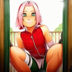 2025 ai_generated artist_name bike_shorts crazyfishbones female green_eyes naruto naruto_(series) naruto_shippuuden pink_hair sakura_haruno shorts solo