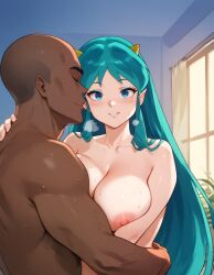 1boy 1girls ai_generated aqua_hair big_breasts breasts dark-skinned_male female green_eyes hips huge_breasts large_breasts light-skinned_female long_hair looking_at_viewer looking_pleasured lum makeup male naked naked_female navel nipples nude nude_female thighs urusei_yatsura