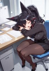 1girls big_ass big_breasts black_hair female female female_focus fox fox_ears fox_girl giselle_(project_qt) messy messy_hair office office_clothing office_lady ponytail project_qt red_eyes red_hair skindentation sleeping sleepy table two_tone_hair yawn yawning