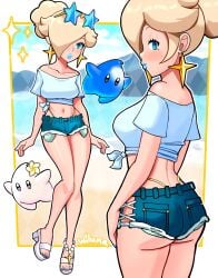 1girls artist_name beach beauty_mark blonde_hair blue_eyes blue_nails earrings hair_over_one_eye high_heels jean_shorts looking_over_shoulder luma mario_(series) navel nintendo painted_nails princess_rosalina sandals short_shorts shorts sunglasses sunglasses_on_head wiluma