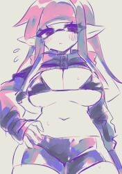 1girls bikini bikini_top blush breasts cleavage female hand_on_hip inkling inkling_girl large_breasts long_hair looking_at_viewer miiinatochanowo navel nintendo pointy_ears short_hair solo splatoon splatoon_3 tentacle_hair