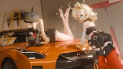 2girls blonde_hair car dkclaude3d feet female green_eyes large_ass long_hair looking_at_viewer luciana_de_montefio orange_eyes piper_wheel side_ponytail soles zenless_zone_zero