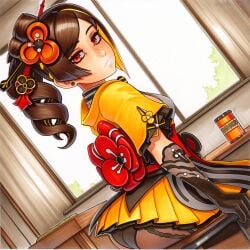 2025 ai_generated artist_name brown_hair chiori_(genshin_impact) crazyfishbones drill_hair female gloves hair_ornament looking_at_viewer skirt solo thighhighs twintails