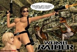 1boy 1girls 3d backpack bag belt casual crossover darkoverlord1296 dead_or_alive dinosaur eliot_(doa) eyewear female female_focus firearm handgun handwear human lara_croft lara_croft_(l.a.u.) legwear male nudist oral pale_skin sex speech_bubble tactical_nudity tagme tomb_raider tomb_raider_(l.a.u.) weapon