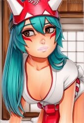 2025 ai_generated aqua_hair artist_name breasts cleavage crazyfishbones female hat kiriko_(overwatch) large_breasts long_hair looking_at_viewer smile solo