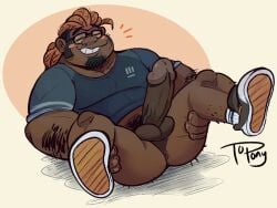 1boy anus arm_hair big_penis blue_shirt blush_stickers closed_eyes dark-skinned_male dark_skin glasses human leg_hair male no_pants original penis presenting pubic_hair smiling solo_male topony two_tone_hair vein veiny_penis