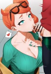 1boy 1girls absurdres bar_censor breasts brown_jacket censored cleavage cum cum_in_mouth cum_overflow ejaculation eyewear_on_head fellatio female green_eyes green_nails green_sweater grey_background heart highres i_b_(yaun2242) jacket large_breasts nintendo oral orange_hair pokemon pokemon_swsh side_ponytail simple_background sonia_(pokemon) spoken_heart straight sunglasses sweater victor_(pokemon)