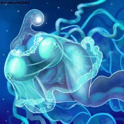 anthro areola big_breasts breasts cnidarian elden_ring elden_ring_nightreign faceless faceless_character faceless_female female fromsoftware genitals glowing glowing_areola glowing_nipples hand_on_breast hi_res holding_breast huge_breasts humanoid ichduhernz jellyfish long_neck marine maris_fanthom_of_night medusozoan monster multicolored_body navel nipples nude overweight overweight_female overweight_humanoid solo thick_thighs two_tone_body vulva