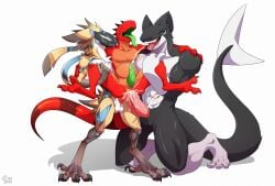 absurd_res anthro avian bere_nsfw bird bodily_fluids cum cum_inside fish gangbang genital_fluids group group_sex hi_res inflation inflation lizard male male/male marine rebal(malicious) reptile scalie sex shark tech(zerodarktech) trio twill(towaispirit)