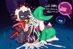 2025 absurd_res ai_generated anthro balls barefoot big_balls big_penis black_body blush bodily_fluids bottomless bovid caprine clothed clothing cum cum_in_mouth cum_inside deltarune dialogue ejaculation english_text erection eyewear feet fellatio fur genital_fluids genitals glasses goat green_headwear group group_sex hat headgear headwear heart hellsonger hi_res horn humanoid_genitalia humanoid_penis kneeling kris_(deltarune) lamb_(cult_of_the_lamb) male male/male male_penetrated male_penetrating mammal open_mouth oral orgasm penetration penile penis ralsei robe scarf sex sheep susie_(deltarune) sweat text thick_penis threesome trio undertale_(series) white_body white_fur wizard_hat