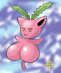 1girls big_breasts big_ears blue_background breasts eye_contact featureless_breasts female female_only feral flying hoppip huge_breasts looking_at_viewer nintendo nude pink_fur pink_skin plant pokemon pokemon_gsc smile tail what yellow_eyes