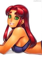 2025 ai_generated artist_name breasts crazyfishbones female green_eyes long_hair looking_at_viewer red_hair simple_background smile solo starfire swimsuit
