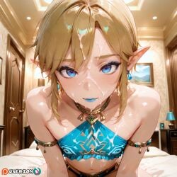 ai ai_generated big_dick blonde_hair blue_eyes cum elf elf_ears elf_male femboy hentai highres hotel_room link link_(breath_of_the_wild) looking_at_viewer male male_only nintendo short_hair solo solo_focus the_legend_of_zelda trap userzon video_game_character video_games