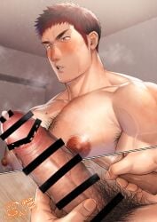 1boy armpit_hair bara beefy big_areola big_breasts big_glans big_penis blush breast_bigger_than_head brown_eyes brown_hair censor_bar censored censored_penis chest_hair collarbone completely_nude dark_penis dildo erect_nipples erection excessive_pubic_hair fingernails foreskin foreskin_folds frown gay hi_res holding_dildo holding_penis huge_areolae huge_breasts huge_cock huge_nipples hunk indoors konpenpen long_penis looking_at_penis male male_breasts male_only manly masturbation mature_male mole mole_on_breast muscles muscular muscular_arms muscular_male nipple_hair oppai original original_character pecs penis pointless_censoring precum precum_drip pubic_hair retracted_foreskin short_hair smegma smegma_in_foreskin solo standing steam steamy_breath sweat sweatdrop thick_eyebrows thick_neck thick_penis tough_guy two_panel_image uncircumcised uncut veiny_arms veiny_penis wooden_floor yaoi