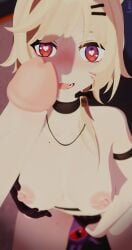blonde_hair blurry blurry_foreground blush breasts choker depth_of_field eyebrows_visible_through_hair female looking_at_viewer nipples red_eyes small_breasts solo_focus squchan_(vtuber) symbol-shaped_pupils teeth vyugen