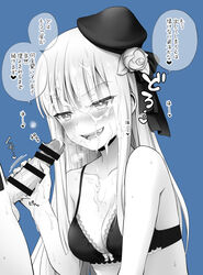 1boy bangs bar_censor black_bra blue_background blunt_bangs blush bra breasts censored chacharan cleavage collarbone cum cum_on_body cum_on_hair cum_on_upper_body cum_string facial fate_(series) female handjob hat lord_el-melloi_ii_case_files medium_breasts monochrome open_mouth penis reines_el-melloi_archisorte simple_background smile solo_focus speech_bubble sweat teeth translation_request underwear upper_body upper_teeth