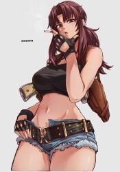 aosora bag bare_shoulders belt black_gloves black_lagoon black_tank_top breasts brown_eyes brown_hair cigarette clothing crop_top cropped_legs cutoffs denim denim_shorts female female fingerless_gloves gloves gun holding holding_cigarette holster large_breasts long_hair looking_at_viewer midriff navel open_mouth ponytail revy rifle shirt short_shorts shorts shoulder_holster sleeveless smoking solo tank_top tattoo weapon