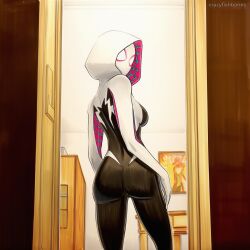 2025 ai_generated artist_name ass back breasts crazyfishbones female from_behind hood large_breasts looking_back marvel solo spider-gwen spider-man_(series) standing