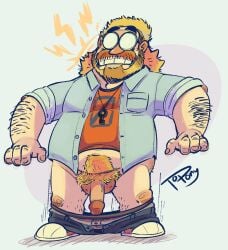 1boy 4_fingers arm_hair beard blonde_hair caucasian caucasian_male facial_hair glasses human key leg_hair male original pants_down penis pubic_hair shocked_expression solo_male teeth topony vein