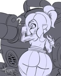 1girls ? ass breasts danidrawz greyscale inkling inkling_girl looking_at_viewer looking_back looking_back_at_viewer mechanic_(splatoon_raiders) nintendo pants pointy_ears ponytail splatoon splatoon_raiders strap_slip sweat tank_top tentacle_hair two_tone_hair wrench