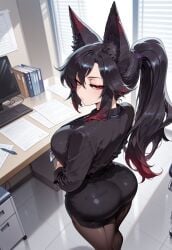 1girls ai_generated big_ass big_breasts black_hair female female_focus fox fox_ears fox_girl giselle_(project_qt) messy messy_hair office office_clothing office_lady ponytail project_qt red_eyes red_hair skindentation table two_tone_hair