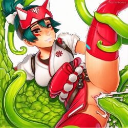 2025 ai_generated artist_name blush breasts crazyfishbones female gloves green_hair kiriko_(overwatch) overwatch pussy solo spread_legs tentacle thighhighs