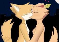 2025 absurd_res anthro berri_(cherry_beries) brown_body brown_fur canid canine canis domestic_cat domestic_dog duo ear_piercing felid feline felis female female/female fur hi_res kissing mammal miles_rosebh moon piercing rolo_(rolo_stuff) white_body white_fur yellow_body yellow_fur