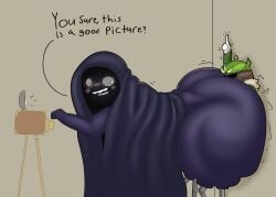 2boys antique ass ass_focus ass_smothering big_butt blush bottom_heavy camera dark_skin face_against_ass hood huge_ass look_outside looking_back lyle_(look_outside) male male/male male_only monster monster_boy oc pinned pinned_to_wall purple_skin thumbs_up would