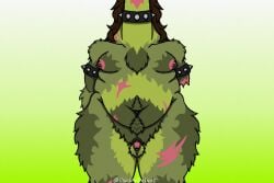 amputated_arm amputee anthro barker_(cheirodeinus) belly belly_button belly_rolls big_belly body_markings body_scars bracelet breasts brown_hair cheirodeinus chest_tuft collar deinocheirus dinosaur fat_breasts fur_pattern furry green_fur hair happy_trail long_hair missing_arm navel original original_art original_artwork original_character ornithomimid penis pierced_nipples piercing piercings scar scars small_penis spiked_bracelet spiked_collar theropod trans_woman transfem