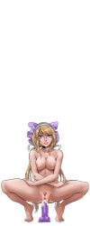 anfisa_(hentai_heroes) bar_censor barefoot black_background blonde_hair bow breasts censored cg choker completely_nude dildo dildo_riding female female_masturbation female_pubic_hair full_body hairband hairbow hentai_heroes kinkoid large_breasts long_hair looking_at_viewer masturbation medium_breasts navel nipples nude object_insertion official_art parody pubic_hair purple_eyes pussy sex_toy simple_background smile solo spread_legs squatting tiptoes twintails uncensored vaginal_object_insertion