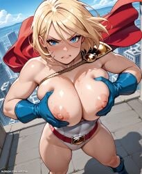 ai_generated artist69 big_breasts cape costume dc_comics grabbing_own_breast nipples power_girl rooftop superheroine
