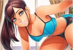 2025 ai_generated artist_name blue_eyes breasts brown_hair cleavage crazyfishbones elin female long_hair looking_at_viewer original smile solo