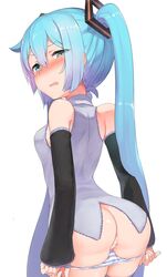 abmayo ass blue_eyes blue_hair blush blushing hatsune_miku looking_back panties_around_leg panties_down pulling_panties_down pussy tagme twintails vocaloid