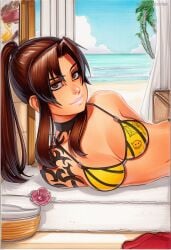 2025 ai_generated artist_name beach bikini black_lagoon breasts brown_hair crazyfishbones day female long_hair ponytail revy solo swimsuit