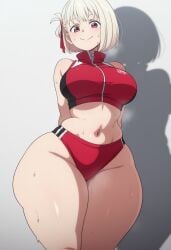 1girls ai_generated big_breasts blackwhiplash_(style) blonde_hair breasts child_bearing_hips female huge_breasts large_breasts lycoris_recoil nishikigi_chisato red_buruma short_hair sportswear thick_thighs thighs wide_hips