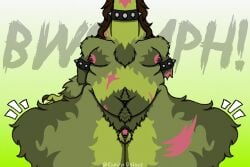 amputated_arm amputee anthro barker_(cheirodeinus) belly belly_button belly_rolls big_belly body_markings body_scars bracelet breasts brown_hair cheirodeinus chest_tuft collar deinocheirus dinosaur expansion fat_breasts fur_pattern furry green_fur hair happy_trail hip_expansion hips_wider_than_shoulders huge_thighs hyper hyper_thighs long_hair missing_arm navel original original_art original_artwork original_character ornithomimid penis pierced_nipples piercing piercings scar scars small_penis spiked_bracelet spiked_collar theropod thigh_expansion trans_woman transfem