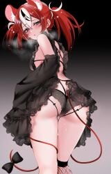 animal_ears ass back bangs bare_shoulders black_bra black_hair black_panties blue_eyes blush bow bra breasts dress female fishnet_legwear fishnets frills from_behind gloves gradient gradient_background hakos_baelz hololive hololive_english hololive_english_-council- hololive_english_-promise- horns lingerie long_hair looking_at_viewer looking_back multicolored_hair panties red_hair solo sweat tail underwear