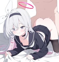 1boy absurdres black_choker black_eyes black_hairband black_pantyhose black_sailor_collar black_serafuku black_shirt black_skirt blue_archive blue_pupils braid breasts chinese_commentary choker clothed_female_nude_male clothed_sex clothes_pull colored_inner_hair commentary_request doggy_style female grey_hair hairband halo highres jyt long_hair mismatched_pupils multicolored_hair neckerchief nipples nude pantyhose pantyhose_pull parted_lips pink_hair pink_halo plana_(blue_archive) red_pupils sailor_collar school_uniform serafuku sheet_grab shirt side_braid single_braid skirt small_breasts straight teeth very_long_hair white_neckerchief young