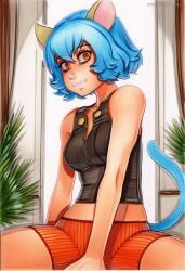 2025 ai_generated animal_ears artist_name blue_hair breasts cat_ears cat_tail crazyfishbones female hunter_x_hunter neferpitou short_hair sitting solo tail