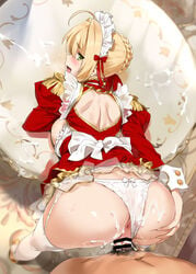 1boy ahoge anus ass bangs bar_censor bent_over blonde_hair blush braid breasts censored clothed_female_nude_male cum cum_in_pussy cum_on_body cum_on_lower_body doggy_style dress epaulettes eyebrows_visible_through_hair fate/grand_order fate_(series) female green_eyes hair_intakes hair_ribbon large_breasts looking_at_viewer nero_claudius_(fate) nude open_mouth orange_maru panties panties_aside penis pubic_hair red_dress ribbon sex solo_focus standing straight thighhighs underwear vaginal_penetration white_legwear white_panties