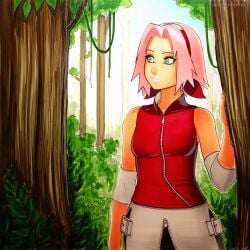 2025 ai_generated artist_name crazyfishbones female forehead_protector gloves naruto naruto_(series) naruto_shippuuden pink_hair sakura_haruno solo tree