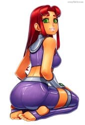 2025 ai_generated artist_name ass barefoot breasts crazyfishbones feet female green_eyes long_hair looking_back red_hair solo starfire