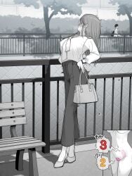 bag blush breasts commentary_request female highres kakuremino7928 large_breasts large_variant_set limited_palette long_hair neckerchief object_insertion original outdoors pants pussy_juice remote_control_vibrator sex_toy shirt vaginal_object_insertion vaginal_penetration variant_set vibrator vibrator_under_clothes