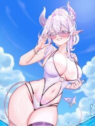 1girls adjusting_eyewear bikini bikini_pull black_nails blue_sky bracelet breasts cleavage clothes_pull cloud commission day demon_girl demon_horns demon_tail drowsenss ear_piercing earrings female female female_only fingernails grin highres horns indie_virtual_youtuber jewelry large_breasts long_fingernails long_hair looking_at_viewer mirune_mochi navel one-piece_swimsuit outdoors piercing pink-tinted_eyewear pointy_ears ponytail pubic_tattoo pulling_own_clothes purple_eyes purple_hair sharp_fingernails sideboob skindentation sky smile solo stomach swimsuit tail tanline_peek tattoo teasing thighs tinted_eyewear virtual_youtuber white_bikini white_one-piece_swimsuit wide_hips