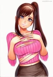 2025 ai_generated artist_name breasts brown_hair cleavage crazyfishbones elin female large_breasts long_hair looking_at_viewer ponytail solo sweater